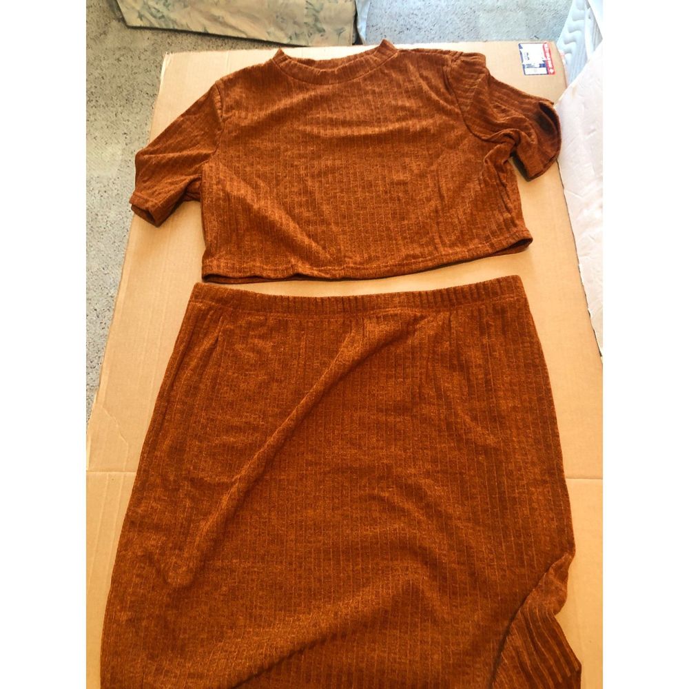 Knit Skirt & Sweater Set Rust 2XL Curve Mock Turtleneck Crop Short Sleeve Shein